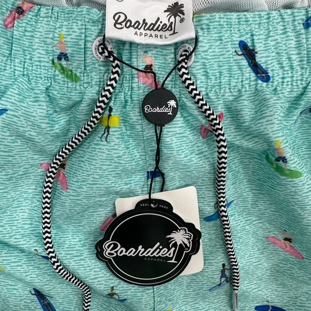 NEW Boardies Apparel Men’s Swim Trunks Aqua Blue Surfer Print Size Large